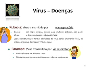 Vírus – Doenças
11
As vacinas constituem as soluções
mais eficientes de combate aos vírus!
Rubéola: Vírus transmitido por via respiratória
Doença em regra benigna, excepto para mulheres grávidas, pois pode
afetar o desenvolvimento embrionário/fetal
Vacina constituída por formas atenuadas do vírus, sendo altamente eficaz, no
entanto provoca a doença em 15% dos casos
Sarampo: Vírus transmitido por via respiratória
Vacina eficiente em 95 % dos casos
Não existe cura, os tratamentos apenas reduzem os sintomas
 