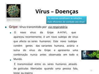 Vírus – Doenças
12
As vacinas constituem as soluções
mais eficientes de combate aos vírus!
Gripe: Vírus transmitido por via respiratória
O novo vírus da Gripe A-H1N1, que
apareceu recentemente, é um novo subtipo de vírus
que afecta os seres humanos. Este novo subtipo
contém genes das variantes humana, aviária e
suína do vírus da Gripe e apresenta uma
combinação nunca antes observada em todo o
Mundo.
É transmissível entre os seres humanos através
de gotículas libertadas quando uma pessoa fala,
tosse ou espirra
 