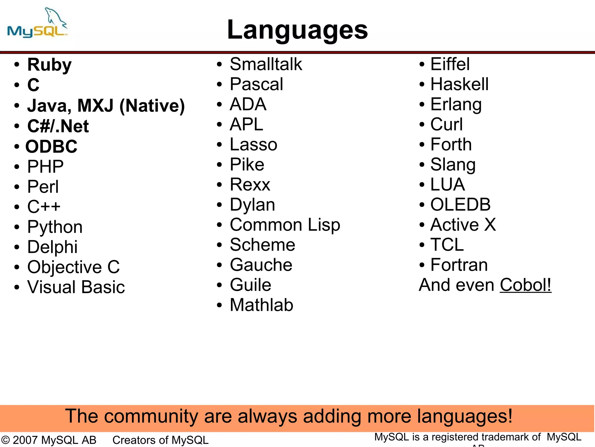 Languages
 ● Ruby                               ●   Smalltalk             ● Eiffel
 ● C                                  ●   Pascal                ● Haskell

 ● Java, MXJ (Native)                 ●   ADA                   ● Erlang

 ●
   C#/.Net                            ●   APL                   ● Curl

 ● ODBC                               ●   Lasso                 ● Forth

 ● PHP                                ●   Pike                  ● Slang

 ● Perl                               ●   Rexx                  ● LUA

 ● C++                                ●   Dylan                 ● OLEDB

 ● Python                             ●   Common Lisp           ● Active X

 ● Delphi                             ●   Scheme                ● TCL

 ● Objective C                        ●   Gauche                ● Fortran

 ● Visual Basic                       ●   Guile                 And even Cobol!
                                      ●   Mathlab




         The community are always adding more languages!
© 2007 MySQL AB   Creators of MySQL                     MySQL is a registered trademark of MySQL
 