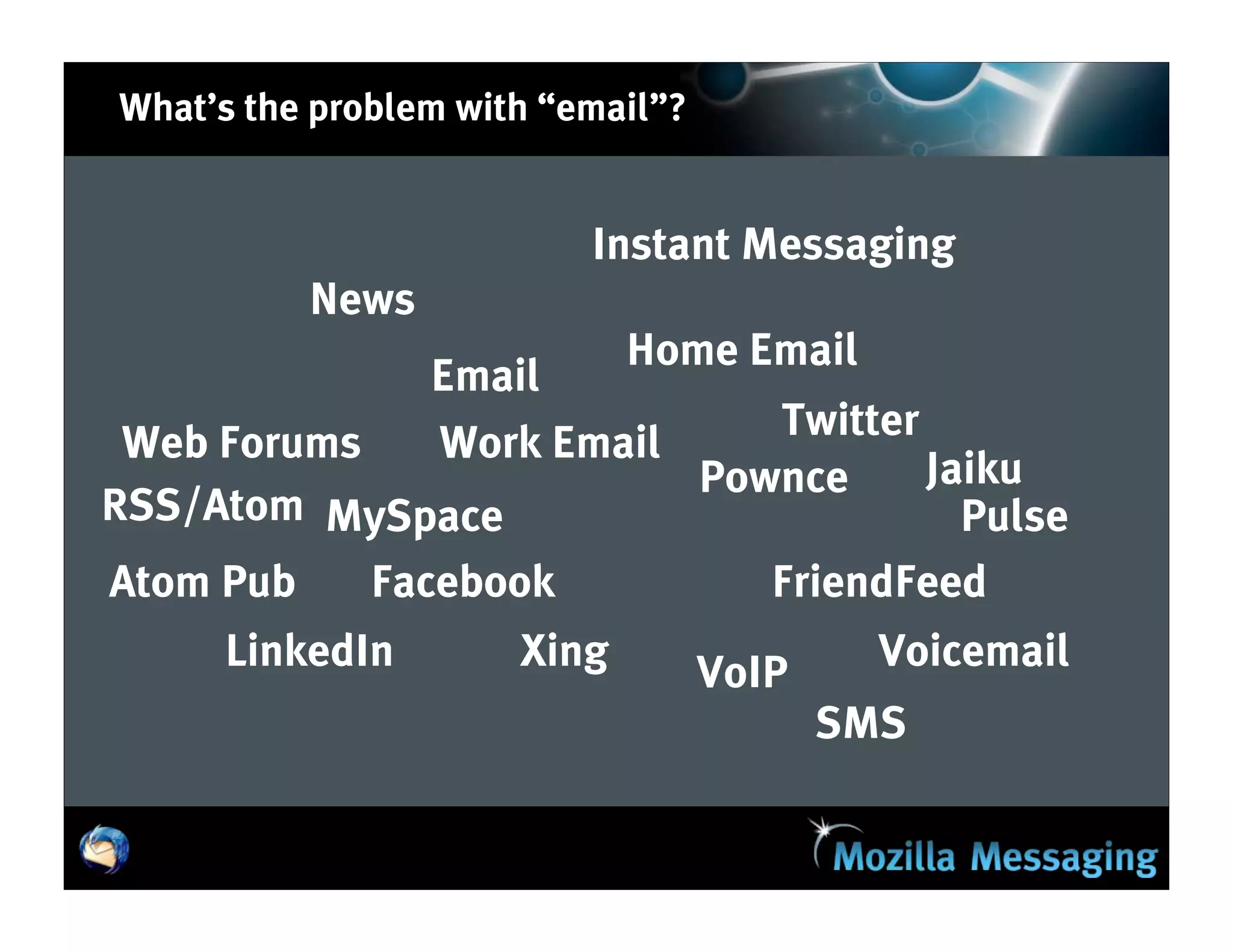 What’s the problem with “email”?


                          Instant Messaging
           News
                             Home Email
                  Email
                                      Twitter
 Web Forums       Work Email
                                   Pownce     Jaiku
RSS/Atom MySpace                                Pulse
Atom Pub      Facebook                FriendFeed
     LinkedIn         Xing         VoIP     Voicemail
                                          SMS
 