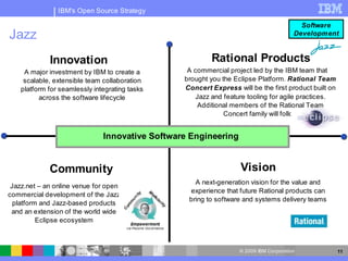 IBM's Open Source Strategy

                                                                                          Software
Jazz                                                                                    Development



             Innovation                                  Rational Products
     A major investment by IBM to create a        A commercial project led by the IBM team that
     scalable, extensible team collaboration     brought you the Eclipse Platform. Rational Team
    platform for seamlessly integrating tasks    Concert Express will be the first product built on
          across the software lifecycle              Jazz and feature tooling for agile practices.
                                                      Additional members of the Rational Team
                                                              Concert family will follow


                               Innovative Software Engineering


             Community                                             Vision
                                                    A next-generation vision for the value and
 Jazz.net – an online venue for open
                                                  experience that future Rational products can
commercial development of the Jazz
                                                  bring to software and systems delivery teams
  platform and Jazz-based products
 and an extension of the world wide
          Eclipse ecosystem



                                                                   © 2009 IBM Corporation             11
 