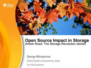 >   Open Source Impact in Storage
    Amber Road: The Storage Revolution started



     George Mitropoulos
     Global Systems Engineering Leader
     Sun Microsystems
                                                 1
 
