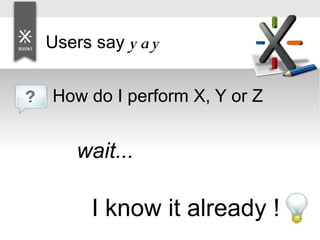 Users say y a y
How do I perform X, Y or Z
wait...
I know it already !