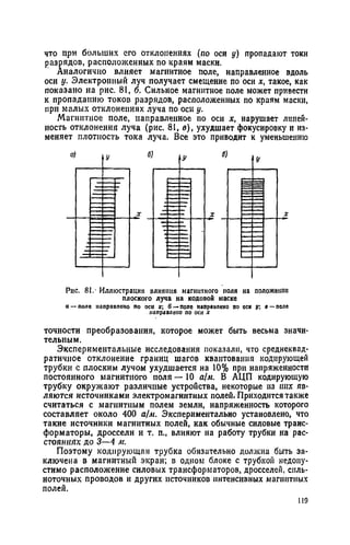 что при больших его отклонениях (по оси у) пропадают токи
разрядов, расположенных по краям маски.
Аналогично влияет магнитное поле, направленное вдоль
оси у. Электронный луч получает смещение по оси х, такое, как
показано на рис. 81, б. Сильное магнитное поле может привести
к пропаданию токов разрядов, расположенных по краям маски,
при малых отклонениях луча по оси у.
Магнитное поле, направленное по оси х, нарушает линей­
ность отклонения луча (рис. 81, в), ухудшает фокусировку и из­
меняет плотность тока луча. Все это приводит к уменьшению
Рис. 81,- Иллюстрация влияния магнитного поля на положение
плоского луча на кодовой маске
а — поле направлено по оси г; б —поле направлено по оси у; е —поле
направлено по осп х
точности преобразования, которое может быть весьма значи­
тельным.
Экспериментальные исследования показали, что среднеквад­
ратичное отклонение границ шагов квантования кодирующей
трубки с плоским лучом ухудшается на 10% при напряженности
постоянного магнитного поля — 10 а1м. В АЦП кодирующую
трубку окружают различные устройства, некоторые из них яв­
ляются источниками электромагнитных полей, Приходится также
считаться с магнитным полем земли, напряженность которого
составляет около 400 а/м. Экспериментально установлено, что
такие источники магнитных полей, как обычные силовые транс­
форматоры, дроссели и т. п., влияют на работу трубки на рас­
стояниях до 3—4 м.
Поэтому кодирующая трубка обязательно должна быть за­
ключена в магнитный экран; в одном блоке с трубкой недопу­
стимо расположение силовых трансформаторов, дросселей, силь­
ноточных проводов и других источников интенсивных магнитных
полей.
119
 
