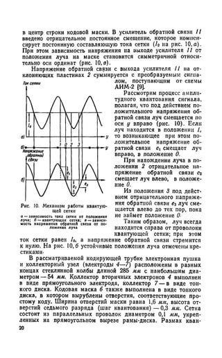 в центр строки кодовой маски. В усилитель обратной связи II
введено отрицательное постоянное смещение, которое компен­
сирует постоянную составляющую тока сетки (/о на рис. 10,а).
При этом зависимость напряжения на выходе усилителя II от
положения луча на маске становится симметричной относи­
тельно оси ординат (рис. 10,0).
Напряжение обратной связи с выхода усилителя II на от­
клоняющих пластинах 2 суммируется с преобразуемым сигна­
лом, поступающим от схемы
АИМ-2 [9].
Рассмотрим процесс ампли­
тудного квантования сигнала,
полагая, что под действием по­
ложительного напряжения об­
ратной связи луч смещается по
оси у вправо (рис. 10). Если
луч находится в положении 1,
то возникающее при этом по­
ложительное напряжение об­
ратной связи смещает луч
вправо, в положение 0.
При нахождении луча в по­
ложении 2 отрицательное на­
пряжение обратной связи ег
смещает луч влево, в положе­
ние 0.
Из положения 3 под дейст­
вием отрицательного напряже­
ния обратной связи ег луч сме­
щается влево до тех пор, пока
не займет положение О-
Таким образом, луч всегда
находится справа от проволоки
квантующей сетки; при этом
ток сетки равен /0, а напряжение обратной связи стремится
к нулю. На рис. 10,6 устойчивые положения луча отмечены кре­
стиками-
В рассматриваемой кодирующей трубке электронная пушка
и коллекторный узел (электроды 4—7) расположены в разных
концах стеклянной колбы длиной 285 мм с наибольшим диа­
метром— 54 мм. Коллектор вторичных электронов 4 выполнен
в виде прямоугольного электрода, коллектор 7 — в виде тон­
кого диска. Кодовая маска 6 также выполнена в виде тонкого
диска, в котором вырублены отверстия, соответствующие про­
стому коду. Ширина отверстий маски равна 1,6 мм, высота от­
верстий седьмого разряда (шаг квантования) — 0,3 мм. Сетка
состоит из параллельных проволок диаметром 0,1 мм, укреп­
ленных на прямоугольном вырезе рамы-диска. Размах кван-
20
Ток сетки
1 А Л
IVб; 1 j 
б}* и •10 3
Напряжение
обратной
связи
Л . А
V N и * 
Рис. 10. Механизм работы квантую­
щей сетки
а —зависимость тока сетки от положения
луча; б — каантующая сетка; в — зависи­
мость напряжения обратной связи от по­
ложения луча
 