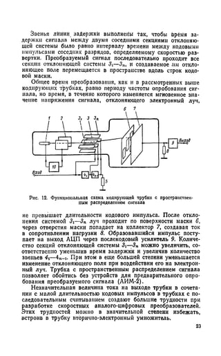 Звенья линии задержки выполнены так, чтобы время за­
держки сигнала между двумя соседними секциями отклоняю­
щей системы было равно интервалу времени между кодовыми
импульсами соседних разрядов, определяемому скоростью раз­
вертки. Преобразуемый сигнал последовательно проходит все
секции отклоняющей системы 3i—Зп, и создаваемое им откло­
няющее поле перемещается в пространстве вдоль строк кодо­
вой маски.
Общее время преобразования, как и в рассмотренных выше
кодирующих трубках, равно периоду частоты опробования сиг­
нала, но время, в течение которого изменяется мгновенное зна­
чение напряжения сигнала, отклоняющего электронный луч,
Рнс. 12. Функциональная схема кодирующей трубки с пространствен­
ным распределением сигнала
не превышает длительности кодового импульса. После откло­
нения системой 3i—Зп луч проходит по поверхности маски 6,
через отверстия маски попадает на коллектор 7, создавая ток
в сопротивлении нагрузки 8. Образовавшийся импульс посту­
пает на выход АЦП через послекодовый усилитель 9. Количе­
ство секций отклоняющей системы 3i—3n можно увеличить, со­
ответственно уменьшив время задержки и увеличив количество
звеньев 4—4п-1. При этом в еще большей степени уменьшается
изменение отклоняющего поля при воздействии его на электрон­
ный луч. Трубка с пространственным распределением сигнала
позволяет обойтись без устройств для предварительного опро­
бования преобразуемого сигнала (АИМ-2).
Незначительная величина тока на выходе трубки в сочета­
нии с малой длительностью кодовых импульсов в трубках с по­
следовательным считыванием создают большие трудности при
разработке скоростных аналого-цифровых преобразователей.
Этих трудностей молено в значительной степени избежать,
встроив в трубку вторично-электронный умножитель.
23
 