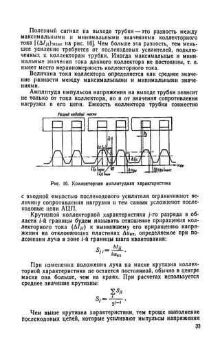 Полезный сигнал на выходе трубки —это разность между
максимальными и минимальными значениями коллекторного
тока [(Д/ji) макс на рис. 16]. Чем больше эта разность, тем мень­
шее усиление требуется от послекодовых усилителей, подклю­
ченных к коллекторам трубки. Иногда максимальные и мини­
мальные значения тока данного коллектора не постоянны, т. е.
имеет место неравномерность коллекторного тока.
Величина тока коллектора определяется как среднее значе­
ние разности между максимальными и минимальными значе­
ниями.
Амплитуда импульсов напряжения на выходе трубки зависит
не только от тока коллектора, но и от значения сопротивления
нагрузки в его цепи. Емкость коллектора трубки совместно
Разряд кодовой маски
— гц
V.
п П
ш
h
до
&
ь. г
№ |дщг __рДЦДх)максUjlfm
Рис. 16. Коллекторная амплитудная характеристика
с входной емкостью послекодового усилителя ограничивают ве­
личину сопротивления нагрузки и тем самым усложняют после-
кодовыс цепи АЦП.
Крутизной коллекторной характеристики /'-го разряда в об­
ласти t-й границы будем называть отношение приращения кол­
лекторного тока (Д1ц) к вызвавшему его приращению напря­
жения на отклоняющих пластинах АнПх, определяемое при по­
ложении луча в зоне i-й границы шага квантования:
При изменении положения луча на маске крутизна коллек­
торной характеристики не остается постоянной, обычно в центре
маски она больше, чем на краях. При расчетах используется
среднее значение крутизны:
Чем выше крутизна характеристики, тем проще выполнение
послекодовых цепей, которые усиливают импульсы напряжения
33
 