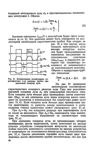 Толщиной эЛектронНогб Луча dn и чувствительностью отклоняю­
щих электродов Л. Обычно
«Л
~ (0,7 -ч-1) — .
S v h
Значение отношения /иакс/5 в дальнейшем будет часто встре­
чаться (в гл. 5). Эта величина может быть определена по кол­
лекторной амплитудной характеристике трубки. Как следует из
рис. 16, в том случае, когда
толщина электронного луча
меньше отверстия маски,
она будет пропорциональна
изменению напряжения на
отклоняющих пластинах
(Дивх)мако, в результате ко­
торого ток коллектора из*
меняется от минимального
до максимального значения.
Обычно в кодирующих труб­
ках отношение
-^*рЕ.«(0,4-*-2)8. (2)
На рис. 21 приведены
амплитудные коллекторные
характеристики младшего разряда кода Грея для различных
значений толщины луча йл при равномерной плотности тока.
Если толщина луча меньше двух приведенных шагов квантова­
ния (26п), то все электроны луча через отверстия маски попа­
дают на коллектор и минимальный ток коллектора равен нулю
(рис. 21,6). Если толщина луча больше двух приведенных ша­
гов квантования, то разность между максимальным и мини­
мальным токами коллектора может уменьшиться (рис. 21,в).
При ^л=46п ток младшего разряда при перемещении луча
по маске не изменяется. При ^л>46п зависимость тока коллек­
тора от отклоняющего напряжения не соответствует коду
(рис. 21,г).
При значениях толщины луча, не превышающих четырех
приведенных шагов квантования, путем включения на выходе
разряда устройства стандартизации импульсов по амплитуде
можно получить зависимость напряжения на выходе устройства
от напряжения на отклоняющих электродах вида, показанного на
рис. 21,а. Однако увеличение толщины луча свыше двух прит
веденных шагов квантования крайне нежелательно, так как при
i*
1= d„-0
/  (
! 
* /
Г~
djj<2Sn
| 28я<йл<45п
1
-------1-----Uflr
Рис. 21. Коллекторные амплитудные ха­
рактеристики n-го разряда трубки при
различной толщине луча
 
