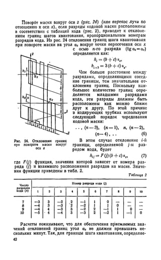 Поворот маски вокруг оси z (рйс. 24) (или перенос луча пб
отношению к оси х), если разряды кодовой маски расположены
в соответствии с таблицей кода (рис. 2), приводит к отклоне­
ниям границ шагов квантования, пропорциональным номерам
разрядов кода. Из рис. 24 отклонения границ шага квантования
при повороте маски на угол az вокруг точки пересечения оси .*
с осью п-го разряда (tgaz= a z)
определяется как:
hi = Ф-be)а,,
= 3(6 -f с) аг.
Чем больше расстояние между
разрядами, определяющими сосед­
ние границы, тем значительнее от­
клонения границ. Поскольку наи­
большее количество границ опре­
деляется младшими разрядами
кода, эти разряды должны быть
расположены как можно ближе
друг к другу. По этой причине
в кодирующих трубках используют
следующий порядок чередования
кодовой маски:
..,( /* — 3), (л — 1), п, (п — 2),
( я - 4 ) , . . (6)
В этом случае отклонение 1-й
границы, определяемой j-м раз­
рядом кода, будет
h-ij — F (/') (b -Ь с) ссг, (7)
Рис. 24. Отклонения границ
при повороте маски вокруг
где F(j ) функция, значения которой зависят от номера раз­
ряда (/) и взаимного расположения разрядов на маске. Значе­
ния функции приведены в табл. 2.
Таблица 2
Число
Номер разряда кода (/)
разрядов
кода (л) 1 2 3 4 5 с 7 8 9 10
7 — 3 3 — 2 2 — 1 1 0
8 — 4 3 — 3 '2 — 2 1 1 0 — —
9 — 4 4 — 3 3 - 2 2 — 1 1 0 —
10 — 5 • 4 — 4 3 — 3 2 — 2 1 — 1 0
Расчеты показывают, что для обеспечения приемлемых зна­
чений отклонений границ угол а* не должен превышать не­
скольких минут. Так, для границы шага квантования, определяе-
42
 