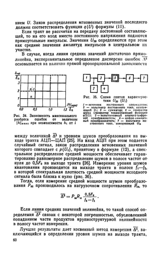 нием U. Закон распределения мгновенных значений последнего
должен соответствовать функции q(U) формулы (11).
Если тракт не рассчитан на передачу постоянной составляю­
щей, то на его вход вместо постоянного напряжения подаются
прямоугольные импульсы. Значения U20 определяются при этом
как средние значения амплитуд импульсов в центральном их
участке.
В случае, когда линия средних значений достаточно прямо-
линейна, экспериментальное определение дисперсии ошибок Л2
основывается на наличии прямой пропорциональной зависимости
Рис. 34. Зависимость максимального
разброса ошибок от величины
1^1 макс при независимости от i
Рис. 35. Схема снятия характерис­
тики U2о (t/i)
/ — источник постоянного нпнрижснни:
2 — вольтметр постоянного тока, измеря­
ющий Ui; 3 — сумматор; 4 — генератор
шума (генератор взвешивающей функции
q(U)); 5 — испытываемый аналого-цифро­
вой преобразователь; б — цифро-аналого­
вый преобразователь; 7 — вольтметр по­
стоянного тока, измеряющий Uy,
между величиной Д2 и уровнем шумов преобразования на вы­
ходе тракта АЦП—ЦАП [25]. На вход АЦП при этом подается
случайный сигнал, закон распределения мгновенных значений
которого совпадает с p(Ui), принятому в формуле (12), а спек­
тральное распределение средней мощности обеспечивает гаран­
тированно равномерное распределение шумов в полосе частот от-
нуля до 0,5^о на выходе тракта (26]. Измерение уровня шумов
квантования производится на выходе тракта в полосе fi—f2,
в которой спектральная плотность средней мощности исходного
сигнала была близка к нулю (рис. 36).
Тогда, если измерение средней мощности шумов преобразо­
вания Лп производилось на нагрузочном сопротивлении RH, то
д а = р р W
h - h '
Если линия средних значений нелинейна, то такой способ оп­
ределения Д2 связан с некоторой погрешностью, обусловленной
попаданием части продуктов крупноструктурной нелинейности
в полосу частот измерения.
Лучшие результаты дает косвенный метод измерения Д2, за­
ключающийся в определении уровня шумов на выходе тракта,
 