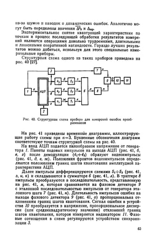 из-за шумов и наводок и динамических ошибок. Аналогично мо­
гут быть определены значения Д20 и Дмр.
Экспериментальное снятие квантующей характеристики по
точкам и процесс последующей обработки результатов измере­
ний являются операциями довольно трудоемкими, длительными
п лишенными оперативной наглядности. Гораздо лучших резуль­
татов можно добиться, используя для этого специальные изме­
рительные приборы.
Структурная схема одного из таких приборов приведена на
рис. 40 [27].
Рис. 40. Структурная схема прибора для измерений ошибок прсоб-
разоиания
На рис. 41 приведены временные диаграммы, иллюстрирую­
щие работу схемы при я=3. Буквенные обозначения диаграмм
соответствуют точкам структурной схемы на рис. 40.
На вход АЦП подается пилообразное напряжение от генера­
тора 1. Пакеты кодовых импульсов на выходе АЦП (рис. 41, б,
в, г) после демодуляции (4i-r-4s) образуют видеоимпульсы
(рис. 41, д, е, ою). Положения фронтов видеоимпульсов опреде­
ляются положением границ шагов квантования амплитудной ха­
рактеристики АЦП.
Далее импульсы дифференцируются схемами 5i-^53 (рис. 41,
з, и, к) и складываются в сумматоре 6 (рис. 41, л). В триггере 8
импульсы преобразуются в последовательность, представленную
на рис. 41, м, которая сравнивается на фазовом детекторе 9
с эталонной последовательностью импульсов от генератора эта­
лонного шага 7 (рис. 41, к). Длительность импульсов ошибки на
выходе фазового детектора 9 (рис. 41, о) пропорциональна от­
клонениям границ шагов квантования. Сигнал ошибки в устрой­
стве 10 преобразуется в напряжение, пропорциональное диспер­
сии (или среднеквадратичному значению) отклонений границ
шагов квантования, которое измеряется индикатором 11. Фазо­
вые сотношения в схеме регулируются устройством синхрони­
зации 3.
63
 