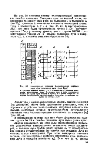 На рис. 68 приведен пример, иллюстрирующий возникнове­
ние ошибок смещения. Смещение луча по кодовой маске, вы­
полненной по закону кода Грея, из положения / в положение II
(и*»2бп) приводит к появлению импульсов одинаковой ампли­
туды в коллекторах 2, 3 и 6 (рис. 68, б). В шестиразрядном
АЦП при этом будет сформирована группа 011001, соответст­
вующая 17-му условному уровню, вместо группы 001000, соот­
ветствующей уровню № 15 (средне'е положение луча в интер­
вале [тс]), т. е. ошибка смещения будет равна 2бп.
Рис. 68. Иллюстрация процесса формирования кодовых
групп при сползании луча (код Грея)
а — участок кодовой маски; / и / / — начальное н конечное поло­
жение электронного луча; б — форма тока а цепи коллекторов
трубки (толщина луча близка к нулю); в — форма импульсов па
выходе послекодового интегрирующего усилителя; г —кодовые по-
сылхн на выходе АЦП
Амплитуда и средне-эффективный уровень ошибок смещения
(их дисперсия) могут быть существенно уменьшены, если на
пороговое устройство стандартизатора импульсов подавать им­
пульсы, амплитуда которых пропорциональна интегральному
значению тока соответствующего коллектора за интервал [тс]
(рис. 68, в).
В приведенном примере при этом будет сформирована кодо­
вая группа № 15 и ошибка смещения луча будет равна нулю.
Анализ показывает, что если узлы стандартизатора импуль­
сов управляются интегральными значениями токов коллекто­
ров, а толщина луча трубки много меньше 8П, то преобразова­
ние сигнала осуществляется без ошибок при смещении луча до
четырех шагов квантования. При этом кодируется значение
сигнала, соответствующее среднему положению луча (положе­
нию луча в середине интервала тс). Если луч за тс секунд
 