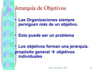 Jerarquía de Objetivos Las Organizaciones siempre persiguen más de un objetivo. Esto puede ser un problema Los objetivos forman una jerarquía. propósito general    objetivos individuales 
