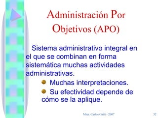 A dministración  P or  O bjetivos (APO) Sistema administrativo integral en el que se combinan en forma sistemática muchas actividades administrativas.   Muchas interpretaciones. Su efectividad depende de cómo   se la aplique. 