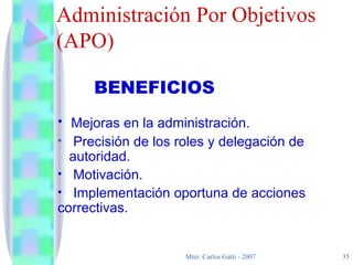 Administración  P or  O bjetivos (APO) Mejoras en la administración . Precisión de los roles y delegación de  autoridad . Motivación . Implementación oportuna de acciones correctivas . BENEFICIOS 
