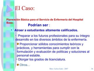 El Caso: Atraer a estudiantes altamente calificados. Planeación Básica para el Servicio de Enfermería del Hospital Base. Podrían ser  : Preparar a los futuros profesionales para su íntegro desarrollo en los diversos ámbitos de la enfermería . Otorgar los grados de licenciatura. Otros... Proporcion ar  sólidos conocimientos teóricos y prácticos, y herramientas para cumplir con la formulación y evaluación de políticas y solucione s al personal estable. 