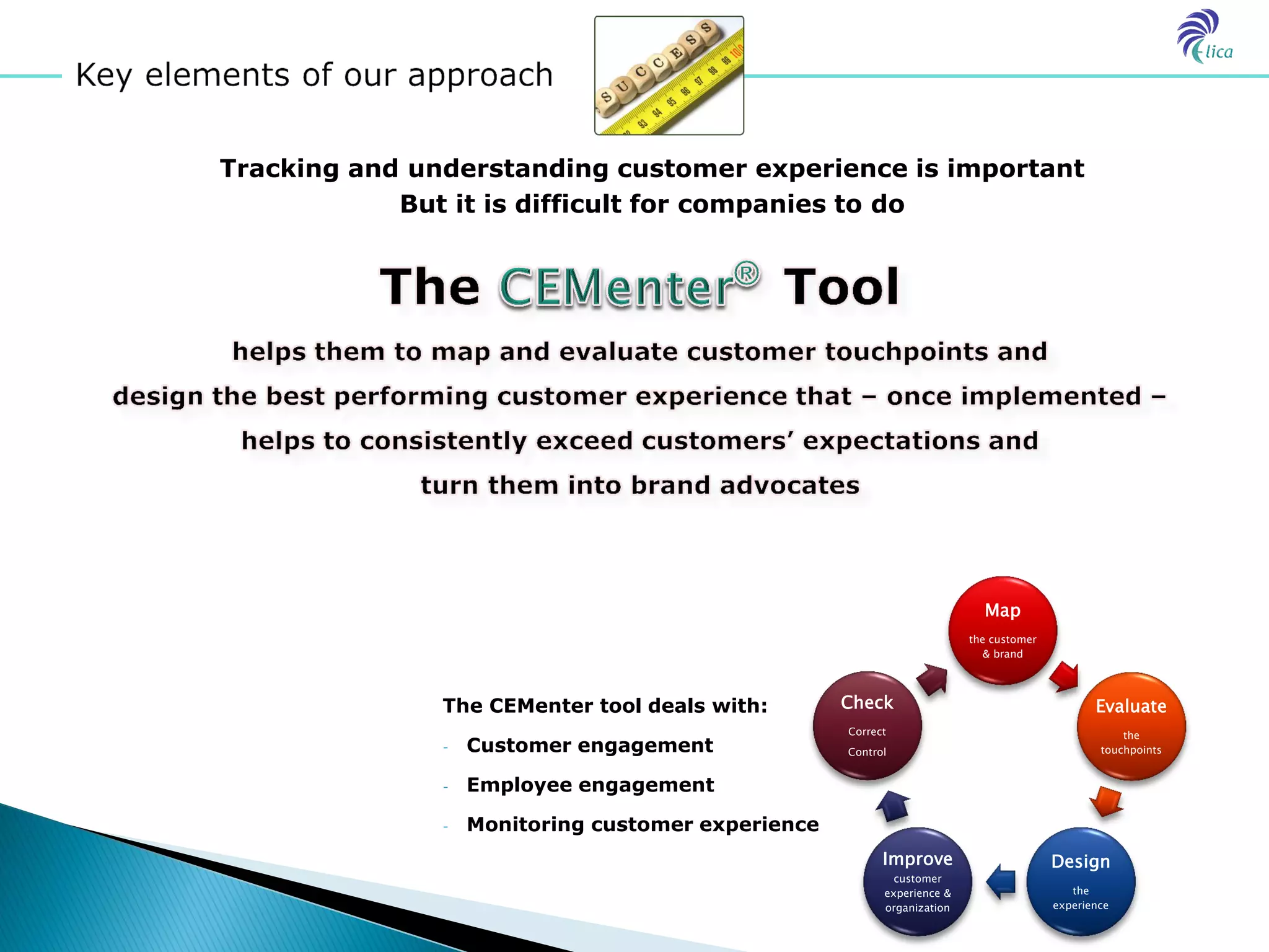 Tracking and understanding customer experience is important
            But it is difficult for companies to do




                                                                           Map
                                                                         the customer
                                                                            & brand




               The CEMenter tool deals with:        Check                                      Evaluate
                                                    Correct                                         the
               -   Customer engagement              Control                                     touchpoints


               -   Employee engagement

               -   Monitoring customer experience
                                                          Improve                       Design
                                                            customer
                                                          experience &                     the
                                                          organization                  experience
 
