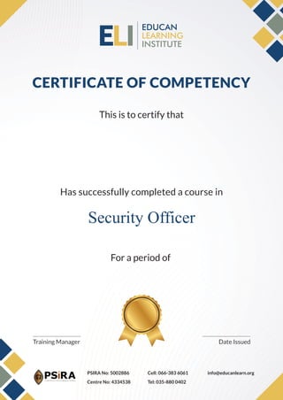 Certificate of Competency for Security Officer Training Completion | PDF