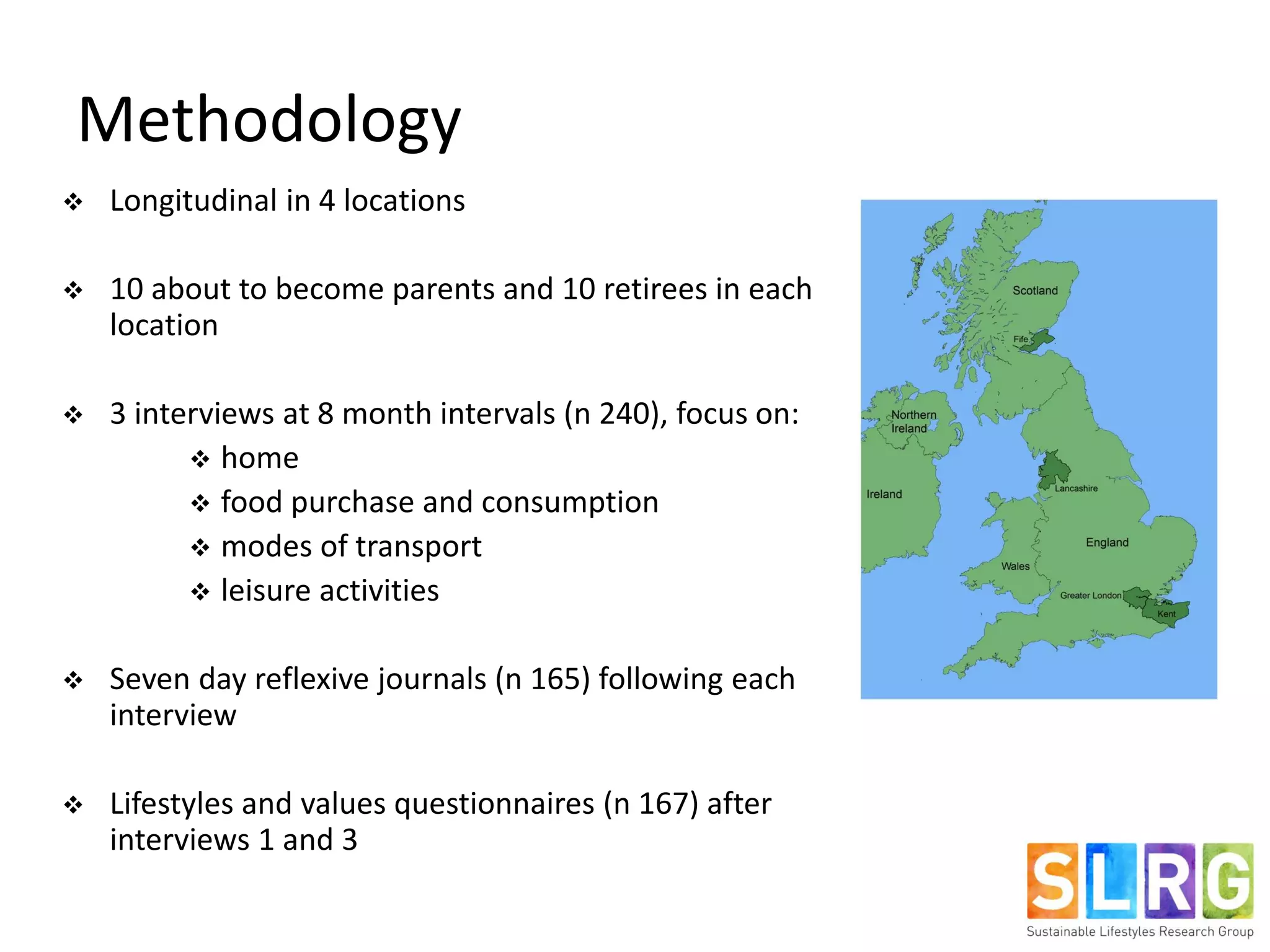 Methodology
 Longitudinal in 4 locations
 10 about to become parents and 10 retirees in each
location
 3 interviews at 8 month intervals (n 240), focus on:
 home
 food purchase and consumption
 modes of transport
 leisure activities
 Seven day reflexive journals (n 165) following each
interview
 Lifestyles and values questionnaires (n 167) after
interviews 1 and 3
 
