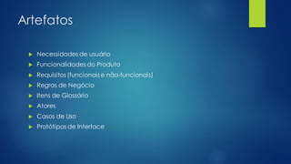 Artefatos
 Necessidades de usuário
 Funcionalidades do Produto
 Requisitos (funcionaise não-funcionais)
 Regras de Negócio
 Itens de Glossário
 Atores
 Casos de Uso
 Protótipos de Interface
 