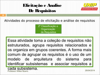 Professor Wilker Bueno
10
28/04/2014
Elicitação e Analise
De Requisitos
Atividades do processo de elicitação e análise de requisitos
Essa atividade toma a coleção de requisitos não
estruturados, agrupa requisitos relacionados e
os organiza em grupos coerentes. A forma mais
comum de agrupar os requisitos é o uso de um
modelo de arquitetura do sistema para
identificar subsistemas e associar requisitos a
cada subsistema.
2º Classificação e
Organização
de Requisitos
 