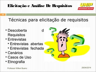 Professor Wilker Bueno
15
28/04/2014
Elicitação e Análise De Requisitos
Técnicas para elicitação de requisitos

Descoberta de
Requisitos

Entrevistas

Entrevistas abertas

Entrevistas fechadas

Cenários

Casos de Uso

Etnografia
 