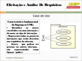 Professor Wilker Bueno
30
28/04/2014
Elicitação e Análise De Requisitos
Caso de Uso
Característica fundamental
da linguagemUML;
- Identifica os atores
envolvidos em uma interação e
dá nome ao tipo de interação;
- Representa todas as possíveis
interações que serão descritas
nos requisitos do sistema;
- Atores, que podem ser
pessoas ou outros sistemas,
são representados como
figuras ‘palito’;
 