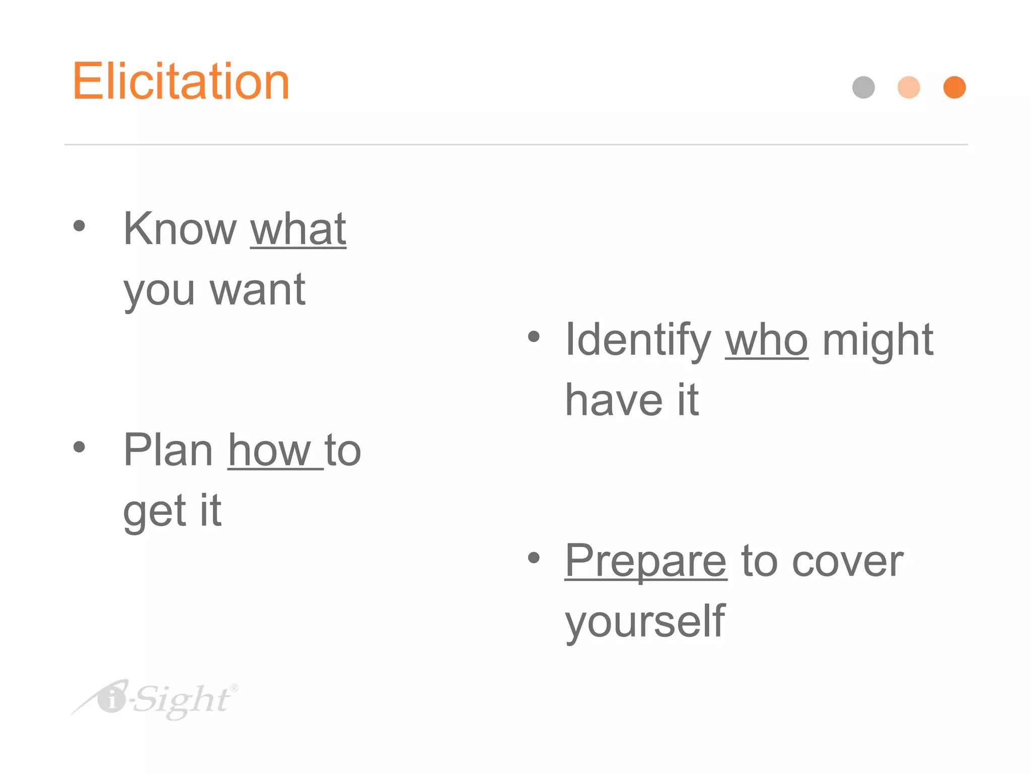 Elicitation
• Identify who might
have it
• Prepare to cover
yourself
• Know what
you want
• Plan how to
get it
 