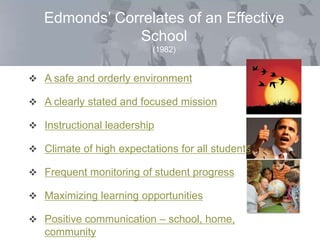 Edmonds’ Correlates of an Effective
               School
                          (1982)


 A safe and orderly environment

 A clearly stated and focused mission

 Instructional leadership

 Climate of high expectations for all students

 Frequent monitoring of student progress

 Maximizing learning opportunities

 Positive communication – school, home,
   community
 