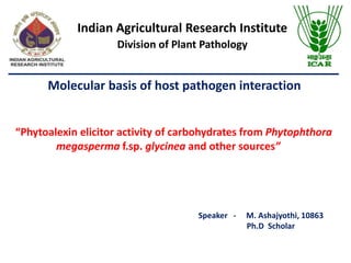Molecular basis of host pathogen interaction
“Phytoalexin elicitor activity of carbohydrates from Phytophthora
megasperma f.sp. glycinea and other sources”
Indian Agricultural Research Institute
Division of Plant Pathology
Speaker - M. Ashajyothi, 10863
Ph.D Scholar
 