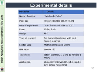 30
Experimental details
Particular Details
Name of cultivar “Mollar de Elche”
Plant age 8 years (planted at 6 m × 5 m)
Date of experiment Start from April 2016 to 2017
Place Elche, Spain
Design RBD
Type of research Pre -harvest treatment with post
harvest analysis
Elicitor used Methyl jasmonate ( MeJA)
NPK ratio 160:80:160
Treatment Total 4 (control , 1, 5 and 10 mmol L-1
MeJA)
Application at monthly intervals (94, 64, 34 and 4
days before harvesting)
 