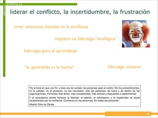 consulting, s.a.
autoritas


            liderar el conflicto, la incertidumbre, la frustración

                crear relaciones basadas en la conﬁanza

                                                       requiere un liderazgo “ecológico”

                           liderazgo para el aprendizaje


                           “lo aprendido vs lo hecho”                                               liderazgo creativo



                             “Es la hora en que, por ﬁn, y esta vez de verdad, las personas sean el centro. No los procedimientos,
                             no la calidad, no el producto, no los mercados, sino las personas, de fuera y de dentro de las
                             organizaciones. Personas más libres, más competentes, más activas y dispuestas a experimentar.
                             Y el ecosistema donde ﬂorecen la libertad, el talento, el entusiasmo y la creatividad es aquel
                             caracterizado por la conﬁanza. Conﬁanza en las personas. En todas las personas”
                             Alberto Ortiz de Zárate


                                                                                                                                     9
 