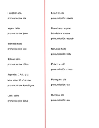 Húngaro: szia
pronunciación: sia
Inglés: hello
pronunciación: jelou
Islandés: hallò
pronunciación: jalò
Italiano: ciao
pronunciación: chiao
Japonés: こんにちは
letra latina: Kon'nichiwa
pronunciación: kanichigua
Latín: salve
pronunciación: salve
Letón: sveiki
pronunciación: esveik
Macedonio: здраво
letra latina: zdravo
pronunciación: esdrab
Noruego: hallo
pronunciación: halu
Polaco: cześć
pronunciación: chess
Portugués: olà
pronunciacion: olà
Rumano: alo
pronunciación: alo
 
