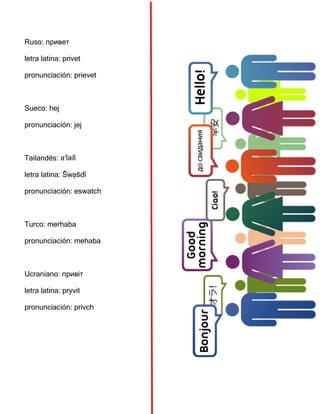 Ruso: привет
letra latina: privet
pronunciación: prievet
Sueco: hej
pronunciación: jej
Tailandés: สวัสดี
letra latina: S̄ wạs̄ dī
pronunciación: eswatch
Turco: merhaba
pronunciación: mehaba
Ucraniano: привіт
letra latina: pryvit
pronunciación: privch
 