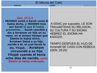 11
Gén. 21:1-3
1 YAHWEH visitó a Sarah como El
había dicho, y YAHWEH hizo
por Sarah lo que El había
prometido. 2 Sarah concibió y
dio a Avraham un hijo en su
vejez, en el mismo tiempo que
Elohim le había dicho. 3
Avraham llamó a su hijo,
nacido a él, el cual Sarah le
dio, Yitzjak. 4 Avraham
circuncidó a su hijo
Yitzjak cuando él tenía
ocho días de nacido, como
Elohim le había ordenado.
A ISSAC por supuesto, LE SON
TRAnsMITIDAS SU RELIGION ,
SU CULTURA Y SU IDIOMA
HEBREO EL IDIOMA HA-
KADOZH.
TIEMPO DESPUES EL HIJO DE
AvrahaM SE CASA CON REBECA
(GEN. 25:20)
El Idioma del Cielo
Edicion: http://regresandoalasraices.org - email: info@regresandoalasraices.org
 