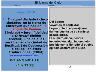 21
Isaías 19:18
18 En aquel día habrá cinco
ciudades en la tierra de
Mitzrayim que hablen la
lengua de Kenaan
( hebreo) y juren fidelidad
a YAHWEH-Elohim
Tzevaot; una de ellas
será llamada la ciudad de
Rectitud. ( de Destrucción
o del sol, en otras
traducciones) (TKIM)
[cp 45:23; Je 12:16; Fil 2:9-11]
(Os 12.7; Sof 1.11;
cf. Is 23.11)
Del Editor:
Vayamos al contexto:
Leyendo todo el pasaje nos
damos cuenta de su carácter
escatológico.
El numero cinco, denota
imperfeción, algo incompleto,
posiblemente No todo el pueblo
egipcio acatará este juicio.
El Idioma del Cielo
Edicion: http://regresandoalasraices.org - email: info@regresandoalasraices.org
 