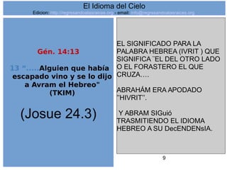 9
Gén. 14:13
13 “.....Alguien que había
escapado vino y se lo dijo
a Avram el Hebreo"
(TKIM)
(Josue 24.3)
EL SIGNIFICADO PARA LA
PALABRA HEBREA (IVRIT ) QUE
SIGNIFICA ¨EL DEL OTRO LADO
O EL FORASTERO EL QUE
CRUZA….
ABRAHÁM ERA APODADO
’’HIVRIT’’.
Y ABRAM SIGuió
TRASMITIENDO EL IDIOMA
HEBREO A SU DecENDENsIA.
El Idioma del Cielo
Edicion: http://regresandoalasraices.org - email: info@regresandoalasraices.org
 