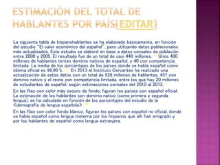 La siguiente tabla de hispanohablantes se ha elaborado básicamente, en función
del estudio “El valor económico del español”, pero utilizando datos poblacionales
más actualizados. Este estudio se elaboró en base a datos censales de población
entre 2000 y 2005. El resultado fue de un total de casi 440 millones.142 Unos 400
millones de hablantes tenían dominio nativos de español, y 40 con competencia
limitada. La media de los porcentajes de los países donde se habla español como
idioma oficial es 96,90 %. 143 En 2013 el Instituto Cervantes ha realizado una
actualización de estos datos con un total de 528 millones de hablantes, 457 con
dominio nativo y el resto con competencia limitada, entre los que hay 20 millones
de estudiantes de español, según estimaciones censales del 2010 al 2013.19
En las filas con color más oscuro de fondo, figuran los países con español oficial.
La estimación de los hablantes con dominio nativo (como primera y segunda
lengua), se ha calculado en función de los porcentajes del estudio de la
«demografía de lengua española».144
En las filas con color fondo blanco, figuran los países con español no oficial, donde
se habla español como lengua materna por los hispanos que allí han emigrado y
por los hablantes de español como lengua extranjera.
 