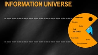 Newspapers 
Mobile 
Television 
THE 
INTERNET 
Radio 
Social Media 
Printing presses 
 