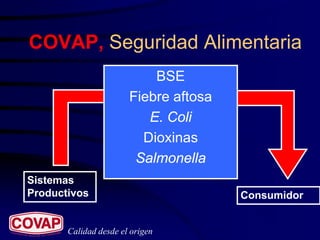 COVAP, Seguridad Alimentaria
                           BSE
                       Fiebre aftosa
                          E. Coli
                         Dioxinas
                        Salmonella
Sistemas
Productivos                            Consumidor


       Calidad desde el origen
 