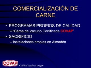 COMERCIALIZACIÓN DE
        CARNE
• PROGRAMAS PROPIOS DE CALIDAD
  – “Carne de Vacuno Certificada COVAP”
• SACRIFICIO
  – Instalaciones propias en Almadén




       Calidad desde el origen
 