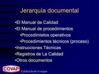 Jerarquía documental
•El Manual de Calidad
•El Manual de procedimientos
   •Procedimietos operativos
   •Procedimientos técnicos (proceso)
•Instrucciones Técnicas
•Registros de La Calidad
•Otros documentos

   Calidad desde el origen
 