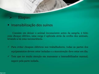  Etapas:
 Insensibilização dos suínos
Consiste em deixar o animal inconsciente antes da sangria, é feito
com choque elétrico, uma carga é aplicada atrás da orelha dos animais,
levando a há uma inconsciência.
 Para evitar choques elétricos nos trabalhadores, todas as partes dos
equipamentos devem estar isoladas e a manutenção deve estar em dia.
 Tem que ter muita atenção em manusear o insensibilizador manual,
segure pela parte isolada.
 