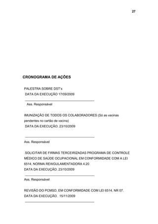 CRONOGRAMA DE AÇÕES
PALESTRA SOBRE DST’s
DATA DA EXECUÇÃO 17/09/2009
Ass. Responsável
IMUNIZAÇÃO DE TODOS OS COLABORADORES (Só as vacinas
pendentes no cartão de vacina)
DATA DA EXECUÇÃO. 23/10/2009
Ass. Responsável
SOLICITAR DE FIRMAS TERCEIRIZADAS PROGRAMA DE CONTROLE
MÉDICO DE SAÚDE OCUPACIONAL EM CONFORMIDADE COM A LEI
6514, NORMA REWGULAMENTADORA 4.20
DATA DA EXECUÇÃO. 23/10/2009
Ass. Responsável
REVISÃO DO PCMSO, EM CONFORMIDADE COM LEI 6514, NR 07.
DATA DA EXECUÇÃO. 15/11/2009
27
 