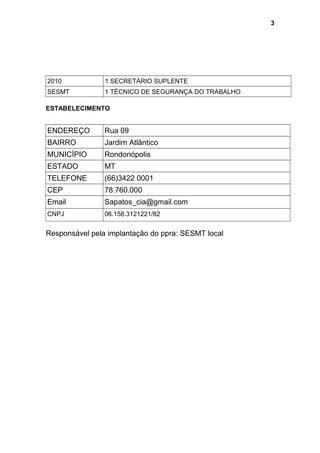2010 1 SECRETÁRIO SUPLENTE
SESMT 1 TÉCNICO DE SEGURANÇA DO TRABALHO
ESTABELECIMENTO
ENDEREÇO Rua 09
BAIRRO Jardim Atlântico
MUNICÍPIO Rondonópolis
ESTADO MT
TELEFONE (66)3422 0001
CEP 78.760.000
Email Sapatos_cia@gmail.com
CNPJ 06.158.3121221/82
Responsável pela implantação do ppra: SESMT local
3
 