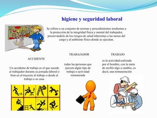 higiene y seguridad laboral 
Se refiere a un conjunto de normas y procedimientos tendientes a 
la protección de la integridad física y mental del trabajador, 
preservándolo de los riesgos de salud inherentes a las tareas del 
cargo y al ambiente físico donde se ejecutan. 
TRABAJO 
es la actividad realizada 
por el hombre, con la meta 
de recibir algo a cambio, es 
decir, una remuneración 
TRABAJADOR 
todas las personas que 
ejercen algún tipo de 
trabajo o actividad 
remunerada 
ACCIDENTE 
Un accidente de trabajo es el que sucede 
al trabajador durante su jornada laboral o 
bien en el trayecto al trabajo o desde el 
trabajo a su casa. 
 
