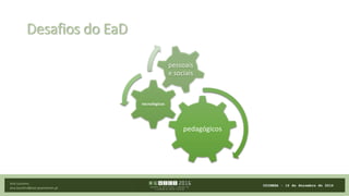 Desafios do EaD
Ana Loureiro
ana.loureiro@ese.ipsantarem.pt
pedagógicos
tecnológicos
pessoais
e sociais
 