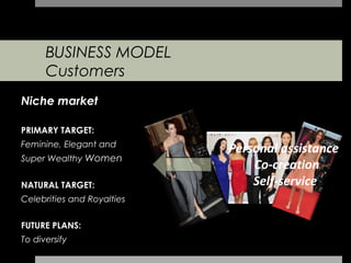 BUSINESS MODEL
      Customers
Niche market

PRIMARY TARGET:
Feminine, Elegant and
                            Personal assistance
Super Wealthy Women
                                Co-creation
NATURAL TARGET:                 Self-service
Celebrities and Royalties


FUTURE PLANS:
To diversify
 