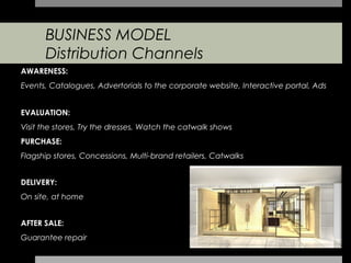 BUSINESS MODEL
      Distribution Channels
AWARENESS:
Events, Catalogues, Advertorials to the corporate website, Interactive portal, Ads


EVALUATION:
Visit the stores, Try the dresses, Watch the catwalk shows
PURCHASE:
Flagship stores, Concessions, Multi-brand retailers, Catwalks


DELIVERY:
On site, at home


AFTER SALE:
Guarantee repair
 