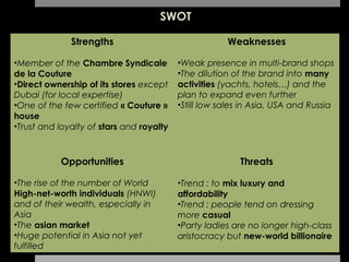 SWOT

              Strengths                               Weaknesses
                                           
•Member of the Chambre Syndicale          •Weak presence in multi-brand shops
de la Couture                             •The dilution of the brand into many
•Direct ownership of its stores except    activities (yachts, hotels…) and the
Dubai (for local expertise)               plan to expand even further
•One of the few certified « Couture »     •Still low sales in Asia, USA and Russia
house
•Trust and loyalty of stars and royalty



           Opportunities                                  Threats
                                           
•The rise of the number of World          •Trend : to mix luxury and
High-net-worth individuals (HNWI)         affordability
and of their wealth, especially in        •Trend : people tend on dressing
Asia                                      more casual
•The asian market                         •Party ladies are no longer high-class
•Huge potential in Asia not yet           aristocracy but new-world billionaire
fulfilled
 